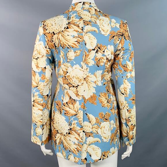Size L Blue Tan Polyester Blend Floral Notch Lapel Zip Pockets Jacket Blazer - Picture 4 of 9